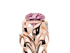 Fancy Pink Cushion Cut Diamond Leaf-Inspired Engagement Ring Set in Rose gold with Round Accents
