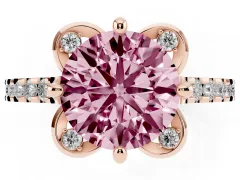 Fancy Pink Round Cut Diamond Solitaire Ring Set in Rose gold with Pavé Band and Floral Prong Setting