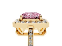 Fancy Pink Radiant Cut Diamond Halo Ring Set in Yellow gold with Accent-Lined Split Shank and Prong Setting