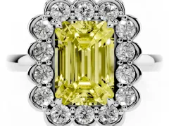 Fancy Yellow Emerald Cut Diamond Halo Cluster Engagement Ring Set in Silver with Solitaire Band and Prong Setting