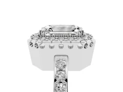Emerald Cut Diamond Halo Ring Set in Silver with Pavé Shank and Prong Setting