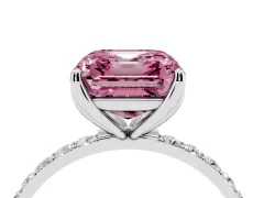 Fancy Pink Asscher Cut Diamond Solitaire Engagement Ring Set in Silver with Round Pavé Band and Prong Setting