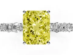 Fancy Yellow Radiant Cut Diamond Solitaire Ring Set in Platinum with Shared Prong Pavé Band