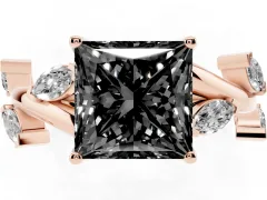 Fancy Black Princess Cut Diamond Solitaire Ring Set in Rose gold with Twisted Marquise Accent Band