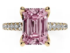 Fancy Pink Emerald Cut Diamond Solitaire Ring Set in Yellow gold with Brilliant Pavé Band and Prong Setting