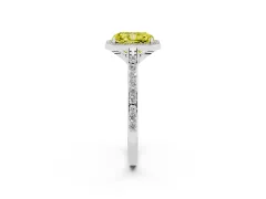 Fancy Yellow Radiant Cut Diamond Halo Engagement Ring Set in White gold with Round Pavé Shoulders and Heart Gallery