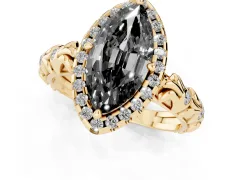 Fancy Black Marquise Cut Diamond Halo Ring Set in Yellow gold with Filigree Leaf Band and Prong Setting