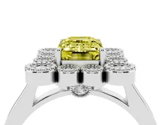 Fancy Yellow Emerald Cut Diamond Cluster Halo Ring Set in White gold with Milgrain Bezel Accents and Plain Band