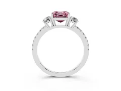 Fancy Pink Asscher Cut Diamond Three-Stone Ring Set in White gold with Pavé Band and Graduated Sides