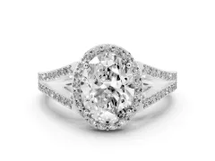 Oval Cut Diamond Halo Split Shank Pavé Ring Set in Platinum with Prong Setting