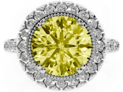 Fancy Yellow Round Cut Diamond Halo Ring Set in Platinum with Pavé Shank and Prong Setting