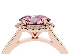 Fancy Pink Oval Cut Diamond Halo Engagement Ring Set in Rose gold with Pavé Band and Rising Shoulders