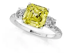 Fancy Yellow Asscher Cut Diamond Three-Stone Ring Set in Platinum with Pavé Band and Graduated Sides