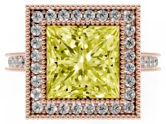 Fancy Yellow Princess Cut Diamond Halo Milgrain Pavé Band Ring Set in Rose gold with Prong Setting