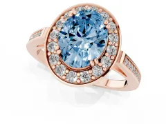 Fancy Blue Oval Cut Diamond Halo Ring Set in Rose gold with Accent-Lined Split Shank and Prong Setting