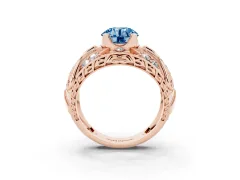 Fancy Blue Round Cut Diamond Art Deco Ring Set in Rose gold with Pavé Split Shank