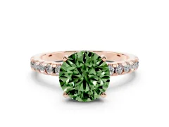 Fancy Green Round Cut Diamond Pavé Solitaire Ring Set in Rose gold with Round Band Accents and Prong Setting