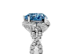 Fancy Blue Heart Cut Diamond Halo Twist Band Solitaire Ring Set in White gold with Prong-Set Center Stone