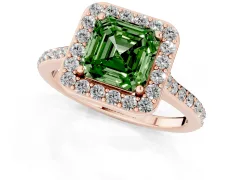 Fancy Green Asscher Cut Diamond Halo Engagement Ring Set in Rose gold with Round Pavé Shoulders and Heart Gallery