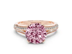 Fancy Pink Round Cut Diamond Split Shank Pavé Engagement Ring Set in Rose gold with Prong-Set Center Stone