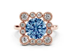 Fancy Blue Round Cut Diamond Cluster Halo Ring Set in Rose gold with Milgrain Bezel Accents and Plain Band