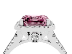 Fancy Pink Asscher Cut Diamond Halo Engagement Ring Set in Silver with Pavé Band and Prong-Set Center