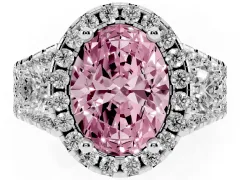 Fancy Pink Oval Cut Diamond Halo Split Shank Ring Set in Silver with Round Accent Stones and Prong Setting