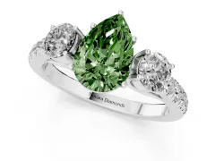 Fancy Green Pear Cut Diamond Three-Stone Ring Set in Platinum with Round Side Stones and Delicate Pavé Band