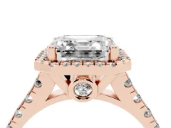Asscher Cut Diamond Halo Engagement Ring Set in Rose gold with Pavé Band and Prong-Set Center