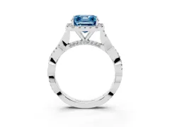 Fancy Blue Asscher Cut Diamond Halo Twist Band Solitaire Ring Set in Silver with Prong Setting