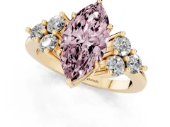 Fancy Pink Marquise Cut Diamond Solitaire Ring Set in Yellow gold with Cluster Accents on Each Side
