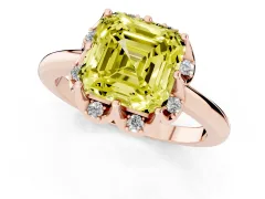 Fancy Yellow Asscher Cut Diamond Round Cluster Halo Ring Set in Rose gold with Solitaire Band and Prong Setting