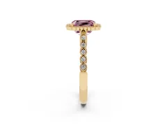 Fancy Pink Radiant Cut Diamond Halo Ring Set in Yellow gold with Pavé Milgrain Band