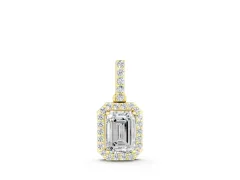 Emerald Cut Diamond Halo Pendant Set in Yellow gold with Prong-Set Center