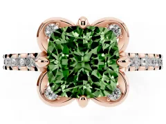 Fancy Green Cushion Cut Diamond Solitaire Ring Set in Rose gold with Pavé Band and Floral Prong Setting