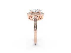 Oval Cut Diamond Halo Ring Set in Rose gold with Accent-Lined Split Shank and Prong Setting