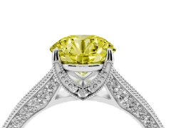 Fancy Yellow Round Cut Diamond Solitaire Ring Set in White gold with Milgrain-Edged Pavé Band and Prong Setting