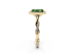 Fancy Green Emerald Cut Diamond Halo Twist Band Solitaire Ring Set in Yellow gold with Prong Setting