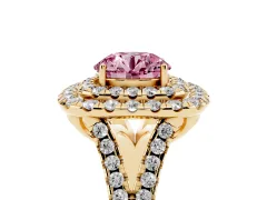 Fancy Pink Round Cut Diamond Double Halo Ring Set in Yellow gold with Pavé Split Shank and Prong Setting