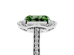 Fancy Green Emerald Cut Diamond Halo Ring Set in Platinum with Pavé-Lined Shoulders and Prong Setting