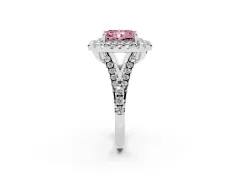 Fancy Pink Radiant Cut Diamond Double Halo Ring Set in White gold with Pavé Split Shank and Prong Setting
