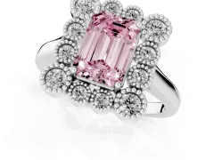 Fancy Pink Emerald Cut Diamond Cluster Halo Ring Set in Platinum with Milgrain Bezel Accents and Plain Band