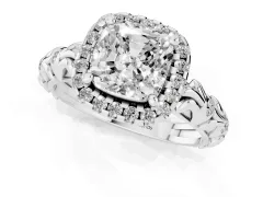 Cushion Cut Diamond Halo Ring Set in Silver with Filigree Leaf Band and Prong Setting