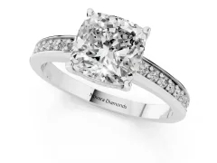 Cushion Cut Diamond Pavé Band Prong Set Solitaire Ring Set in Platinum