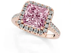 Fancy Pink Princess Cut Diamond Halo Pavé Engagement Ring Set in Rose gold with Prong Setting