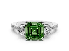 Fancy Green Asscher Cut Diamond Three-Stone Ring Set in Platinum with Pavé Band and Graduated Sides
