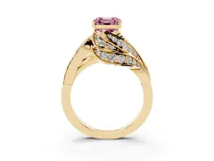 Fancy Pink Asscher Cut Diamond Solitaire Ring Set in Yellow gold with Layered Twist Pavé Band