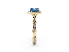 Fancy Blue Asscher Cut Diamond Halo Twist Band Solitaire Ring Set in Yellow gold with Prong Setting