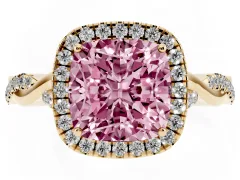 Fancy Pink Cushion Cut Diamond Halo Twist Band Solitaire Ring Set in Yellow gold with Prong Setting