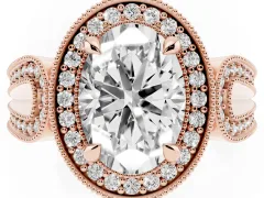 Oval Cut Diamond Halo Ring Set in Rose gold with Milgrain Accent Split Shank